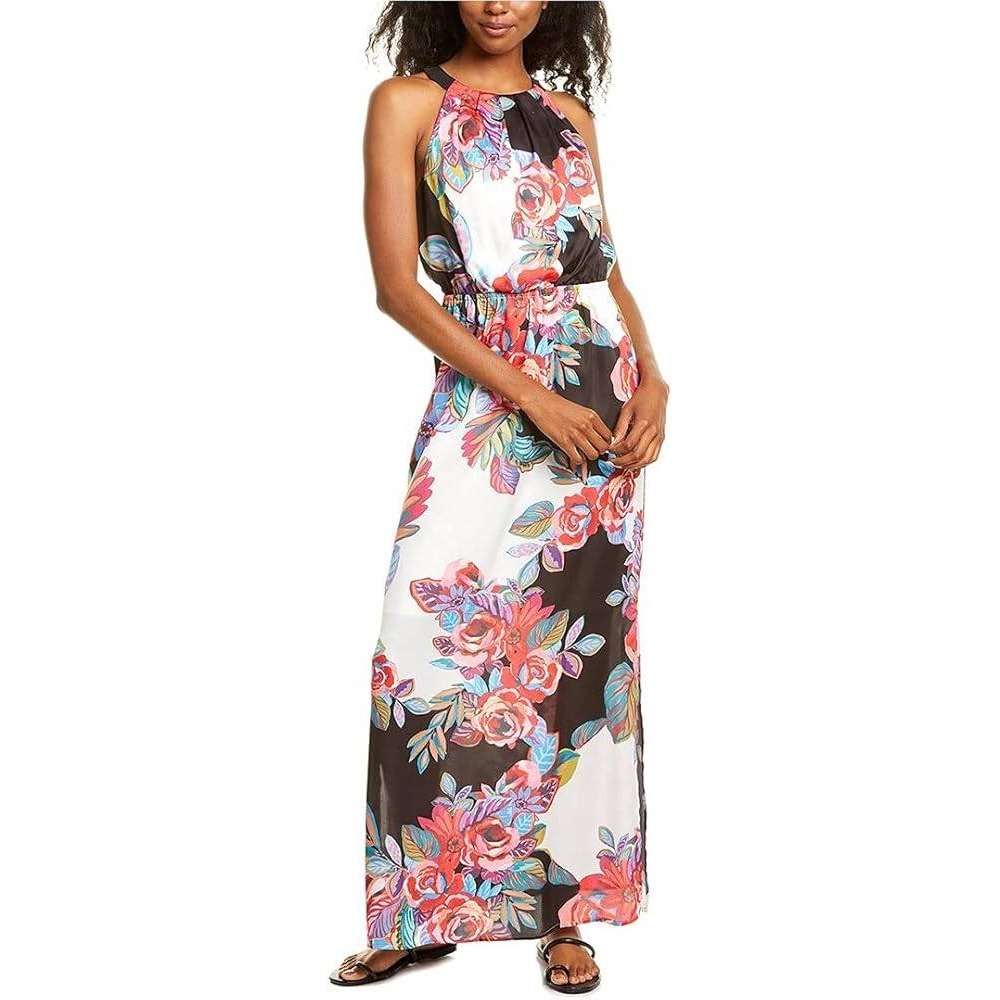 Adrianna Papell Dress Womens 0 Bold Floral Halter Maxi Black White Pink